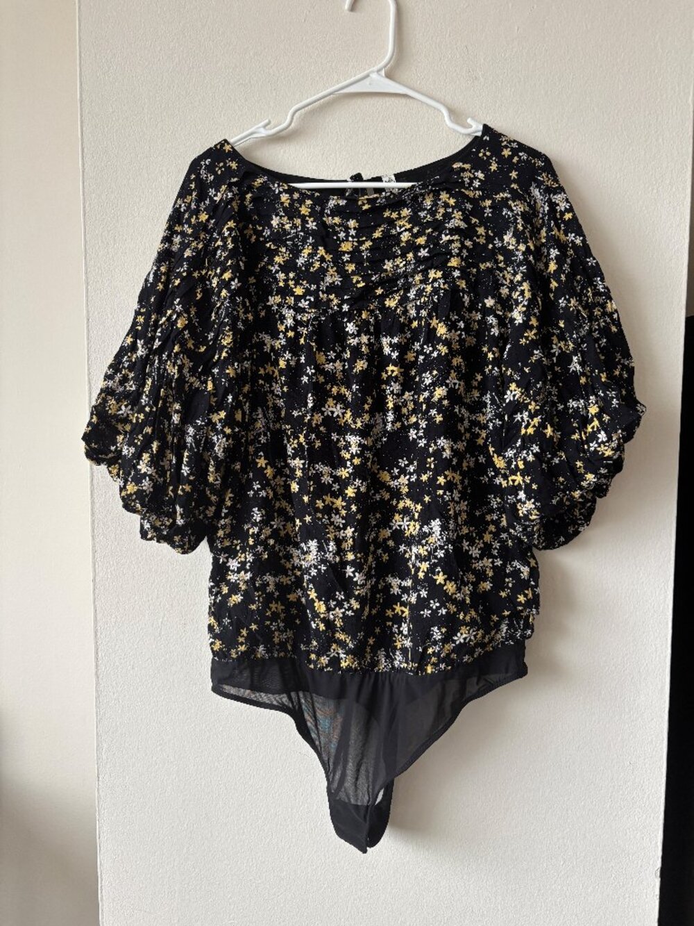Free People Black Floral Short Sleever Bodysuit - Size Large